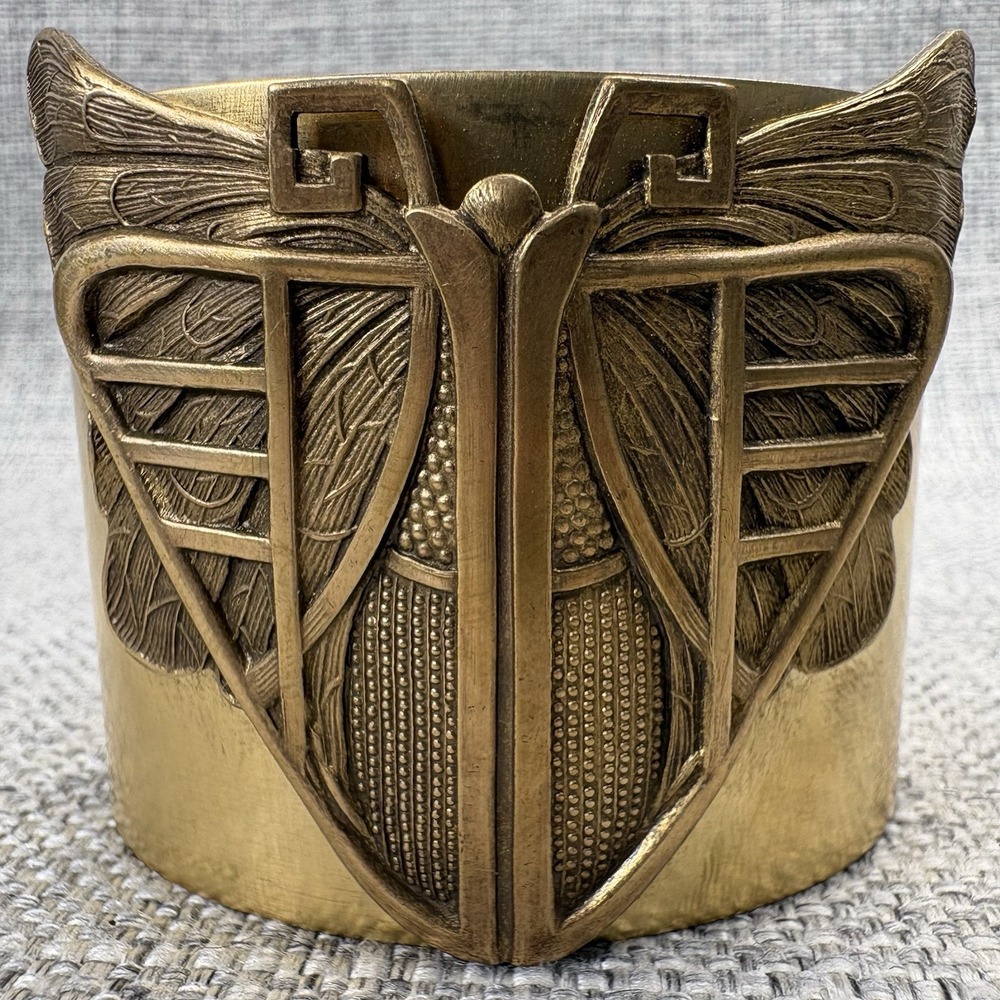 Vintage Brass Scarab Wide Cuff Bracelet Art Deco Butterfly Egyptian Revival Bold